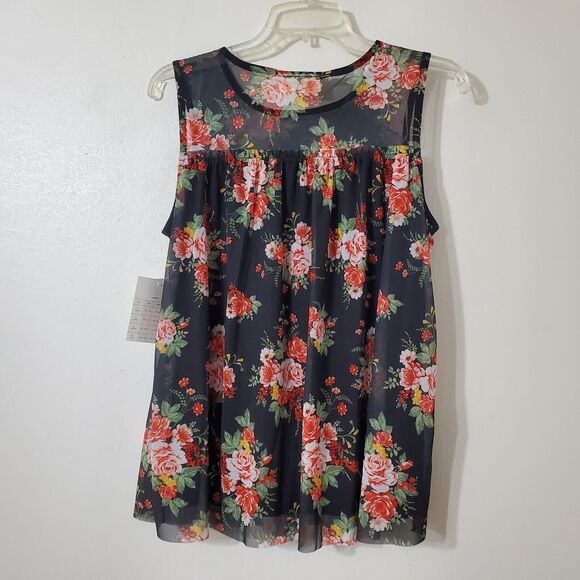 Bobbie Brooks Womens Sz Medium Sleeveless Sheer Yoke Lined Top Black Floral - Picture 2 of 4